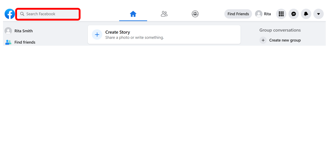 Facebook homepage with Search Facebook button in top-left corner highlighted in red