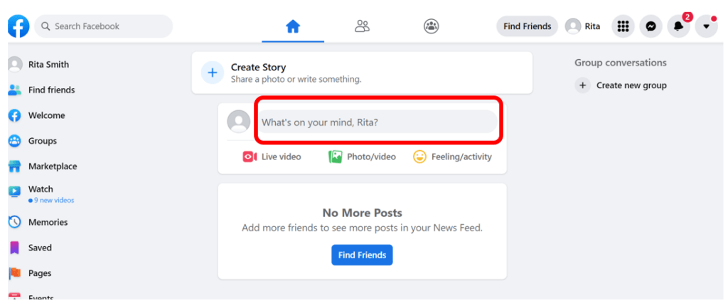 Facebook homepage with What's on your mind section highlighted in red to show how to start a Facebook post