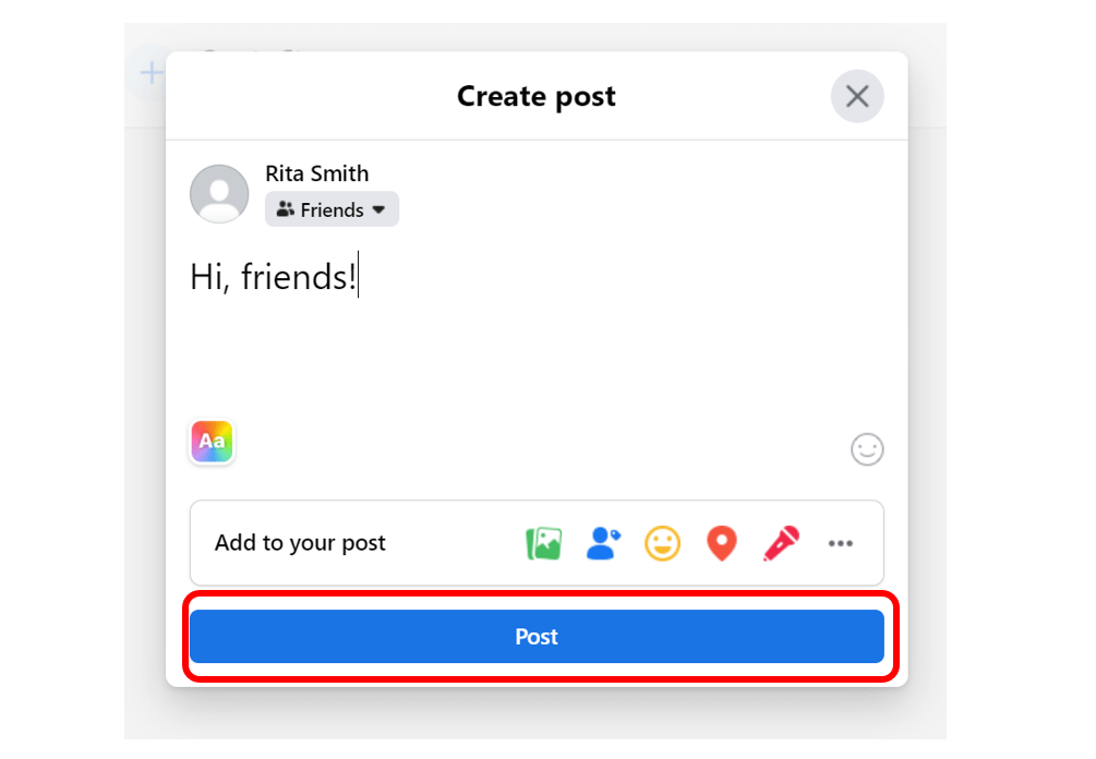 Create post screen with the message "Hi Friends!" and the post button highlighted in red to show how to share a message on Facebook