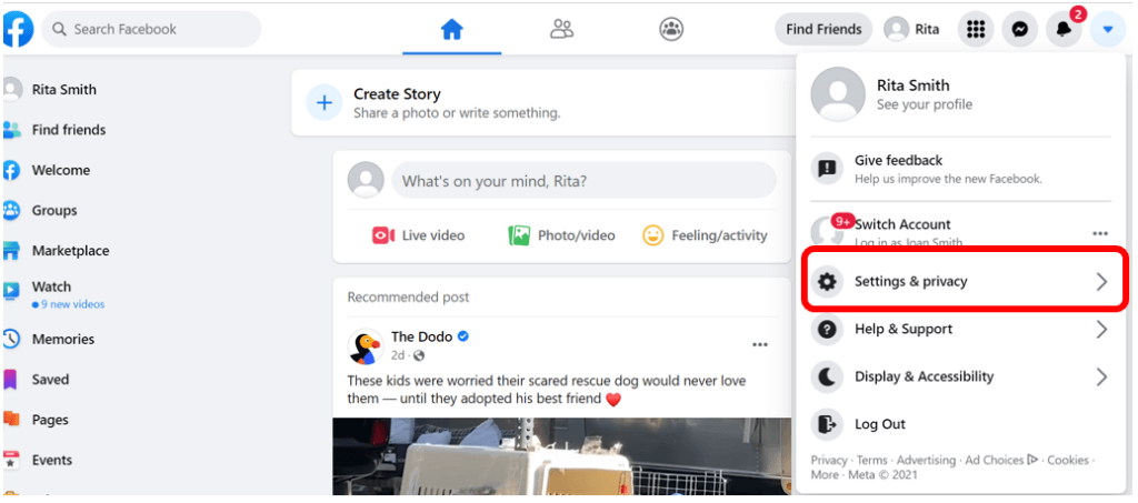 Facebook profile account menu with Settings and Privacy highlighted in red
