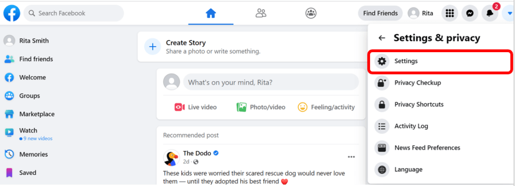 Facebook settings and privacy menu with Settings highlighted in red