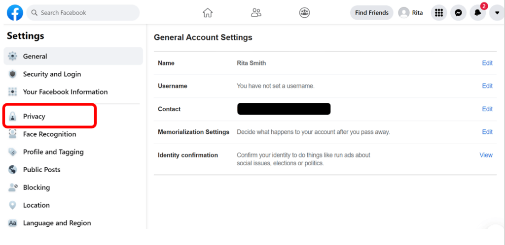 Facebook Settings menu with Privacy highlighted in red
