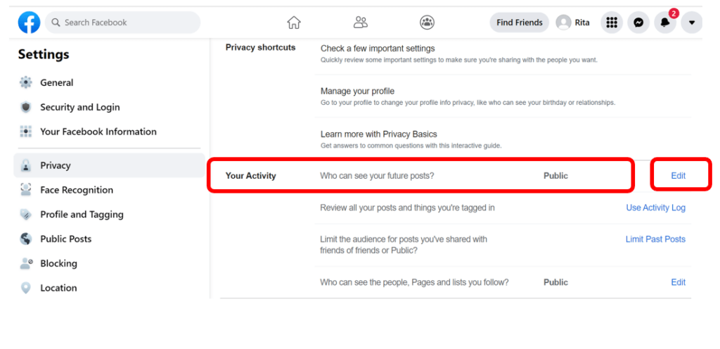 Facebook privacy settings with Your Activity and Edit highlighted in red to show how to change your Facebook privacy settings