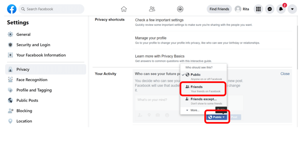Facebook activity privacy settings with Friends highlighted in red to show how to limit your Facebook activity to only people you have as friends