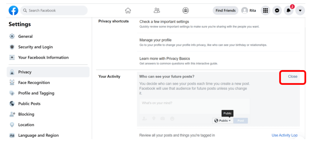 Facebook privacy activity settings with Close highlighted in red to show how to save changes