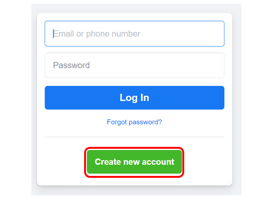 Facebook main screen with Create New Account button highlighted