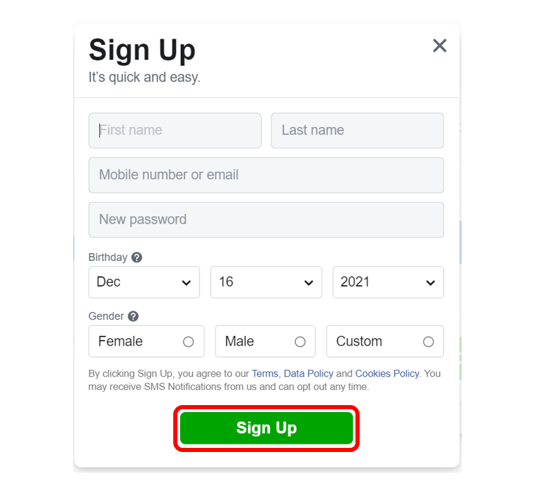 Facebook sign up screen with Sign up button highlighted