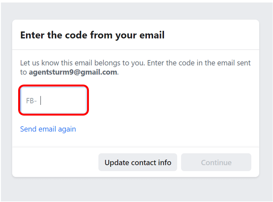 Facebook verification code screen to show where to enter code that was sent to email