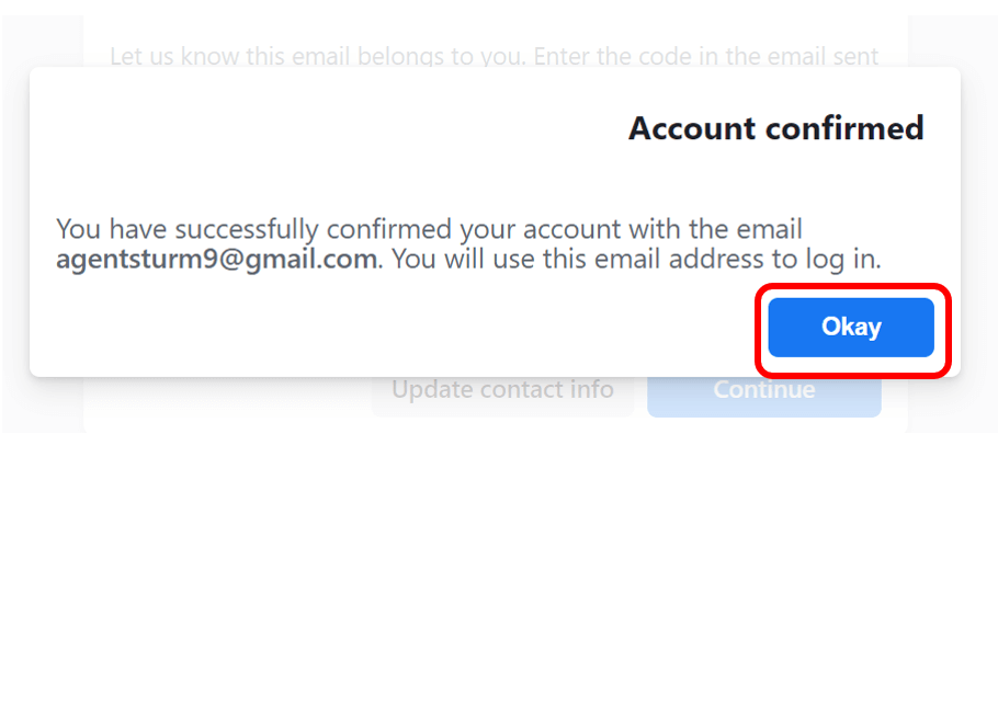 Facebook account confirmation with Okay button highlighted in red to complete sign up.