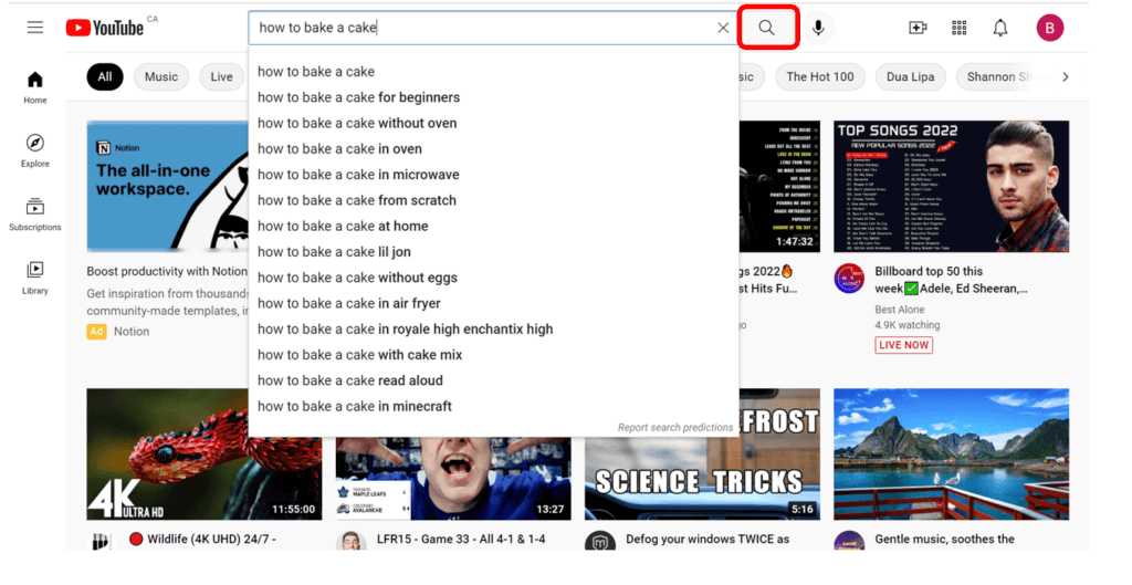 Youtube home page with magnifying glass icon highlighted in red to show how to search for a video on how to bake a cake