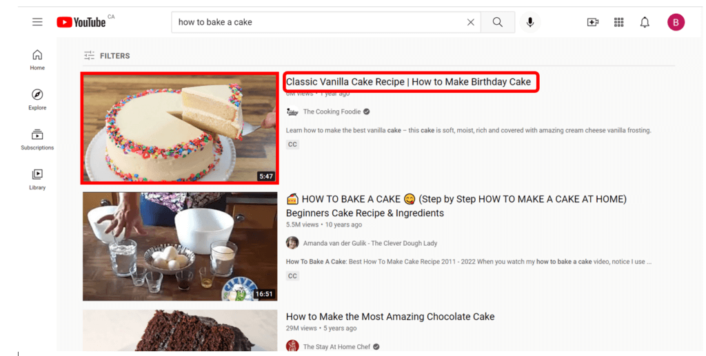 Video called how to bake a cake highlighted in red to show how to watch a video on YouTube.
