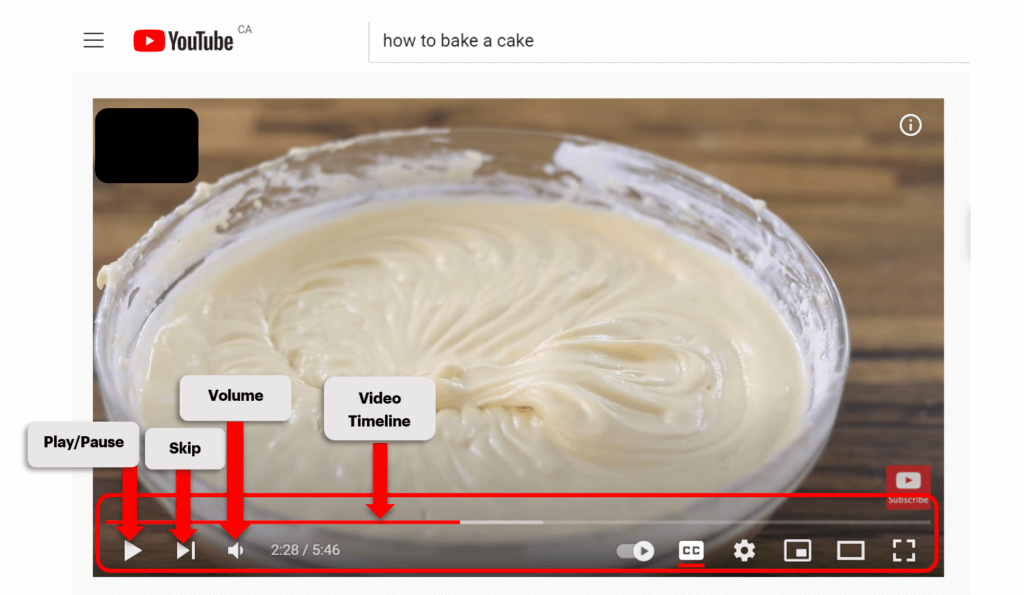 YouTube video with Play/Pause, Skip, Volume and Video Timeline highlighted in red to show functions within a YouTube video.