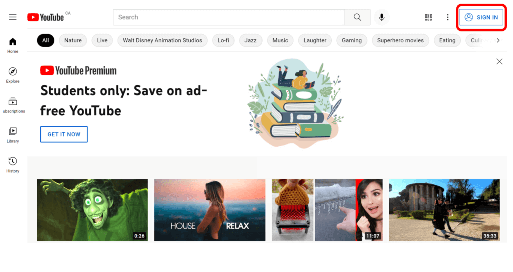 YouTube home page with Sign in button in top-right corner highlighted in red to show how to get started on creating an account.