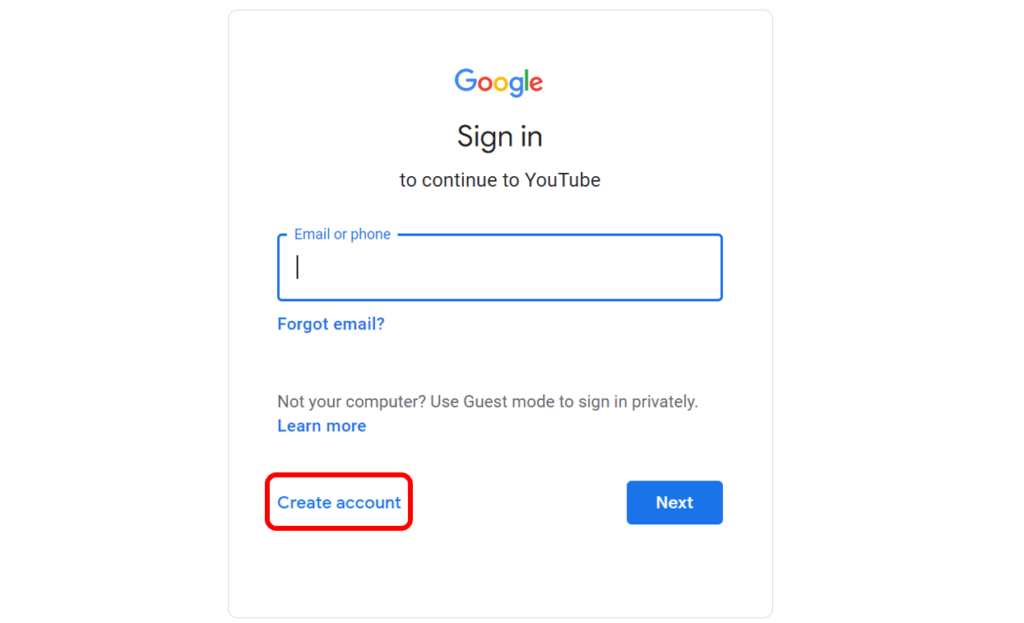 YouTube account sign in page with create account highlighted in red to show how to create a new YouTube account.