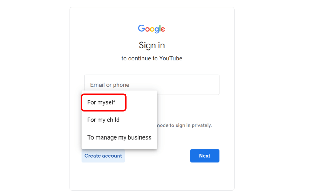 Youtube sign in page with For Myself highlighted in red to show how to set up a personal Youtube account