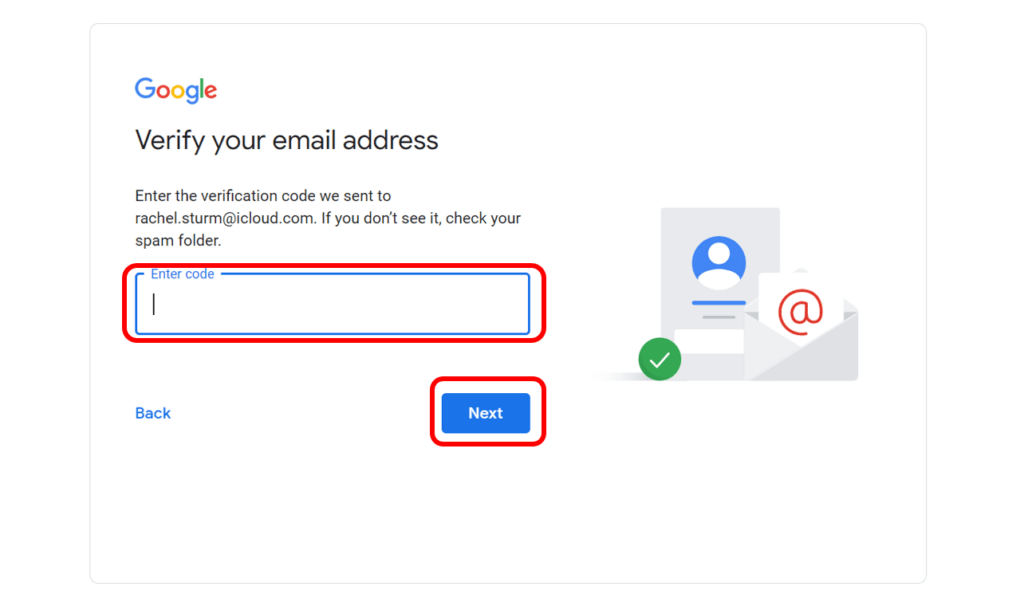 Google verification screen to show where to enter verification code that is sent to email address.