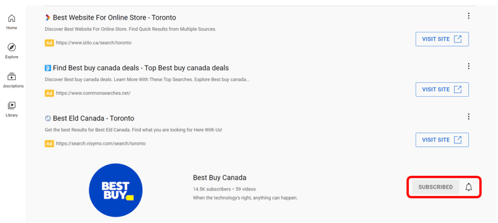 Best Buy Canada YouTube channel with Subscribed button highlighted in red to show how you will know if you subscribed to a channel.