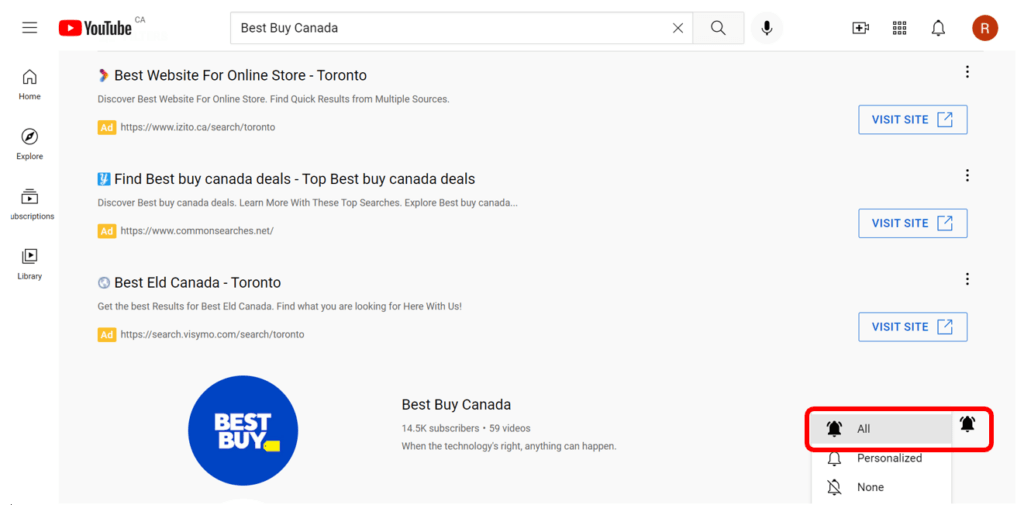 Best Buy Canada YouTube channel with notification button highlighted in red to show how to turn on notifications for that channel.