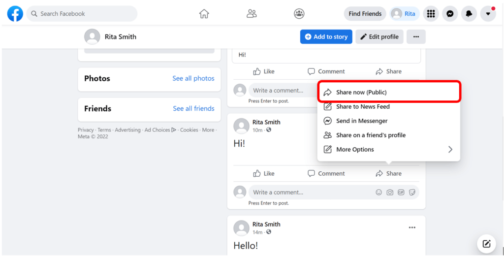 Facebook profile page with Share Now (Public) button highlighted in red to show how to share a Facebook post