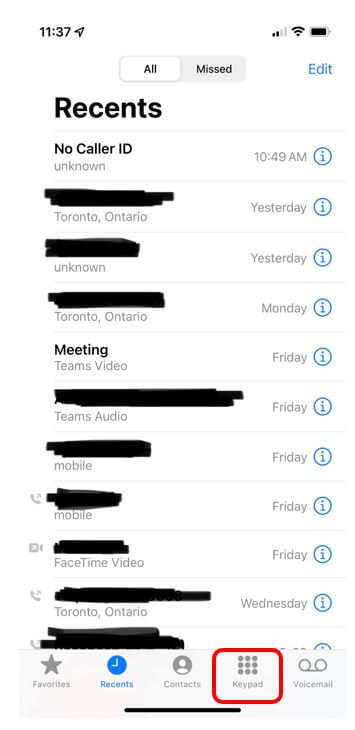 iPhone phone app with keypad highlighted in red to show how to dial a number in the phone app