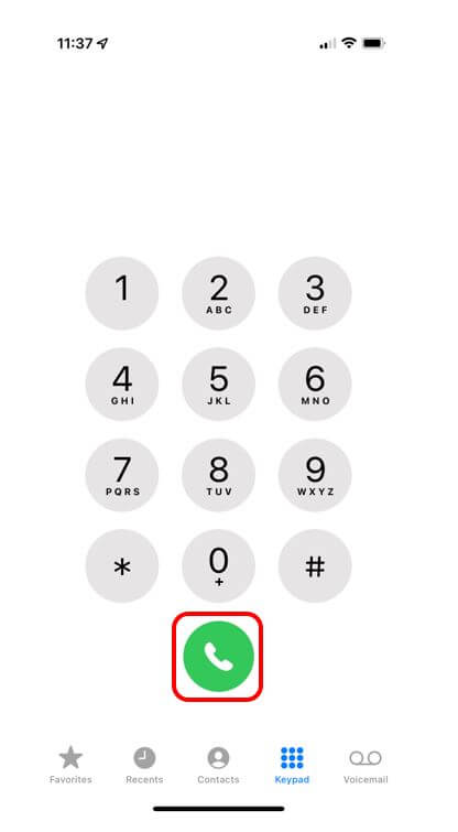 iPhone keypad with green phone button circled in red to show how to start a phone call