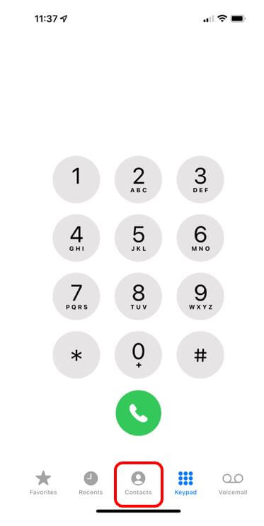 iPhone keypad with contacts highlighted to show how to view contact list on iPhone