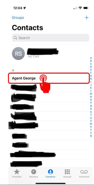 Agent George contact highlighted in red to show how to view contact information