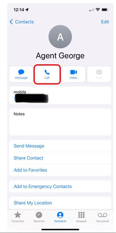 Agent George contact infromation with Call button highlighted in red to show how to call Agent George
