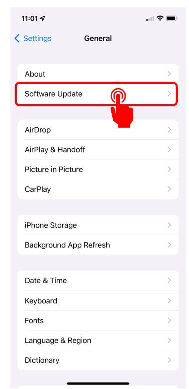 General screen on iPhone with Software update highlighted in red to show how to check for software updates