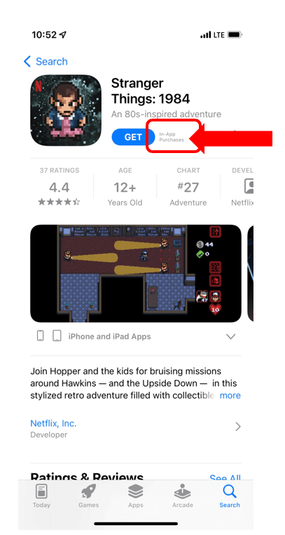 Stranger Things: 1984 App on App Store with In-App purchases highlighted