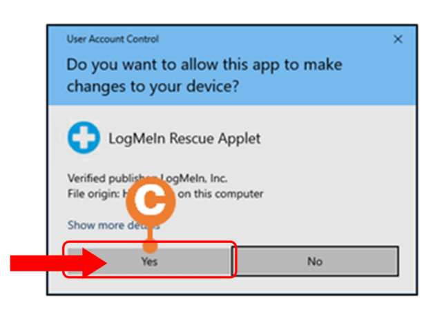 User account control screen with Yes circled in red to allow changes through LMI app