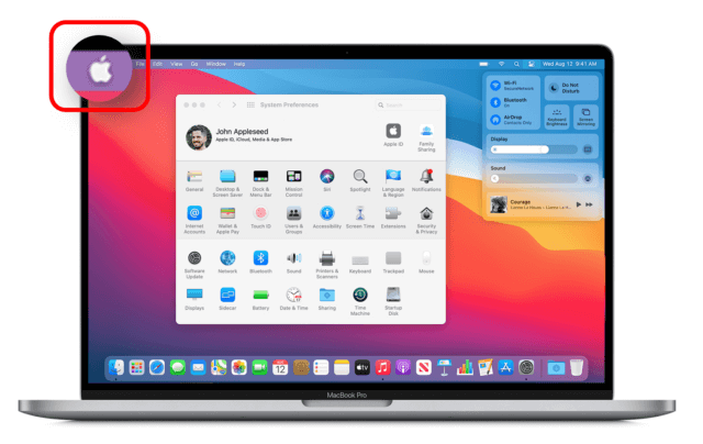 Macbook homescreen with Apple logo highlighted in top left-corner