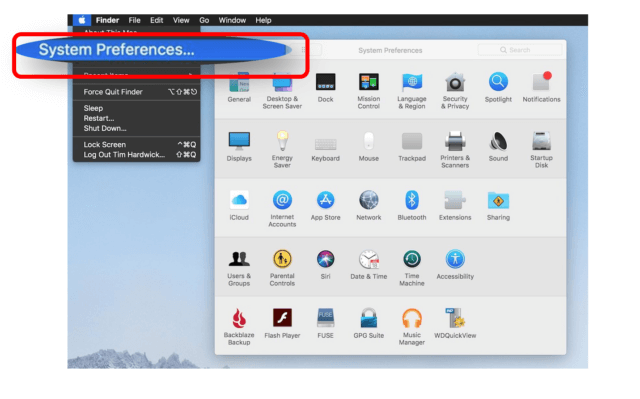 Macbook main menu with System Preferences highlighted on left-side of the screen.