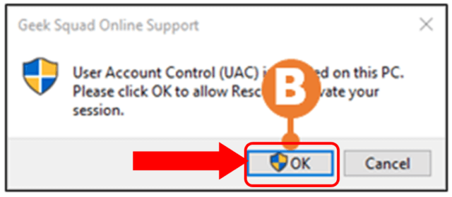 Geek Squad online support permission with OK circled in red.