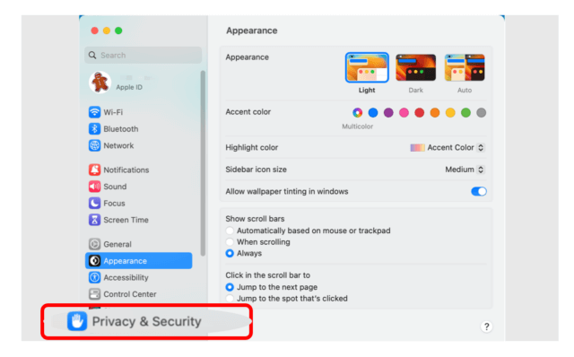 System preferences menu on Macbook with Privacy and Security highlighted