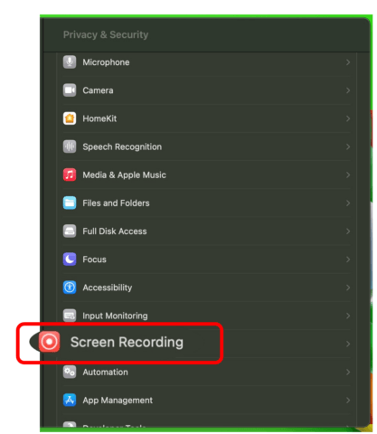 Privacy and Security menu on Macbook with Screen recording highlighted