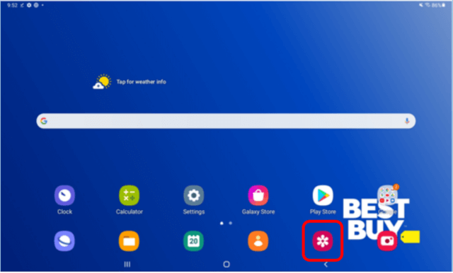 Android tablet home screen with Gallery app circled in red to show how to open the Gallery app to view photos
