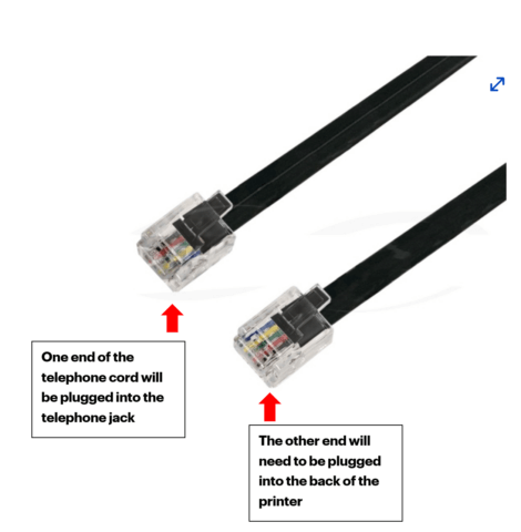 black telephone cord explaining which end plugs into telephone jack and which end plugs into back of printer.