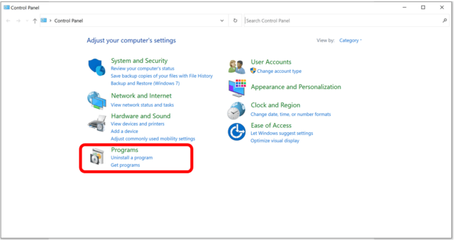Control panel app menu with Programs highlighted.