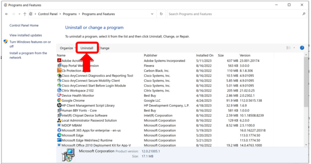Uninstall highlighted to show how to uninstall a program from your computer.