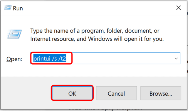 Run screen with printui /s /t2 inputted into search bar and OK button highlighted at bottom of screen.
