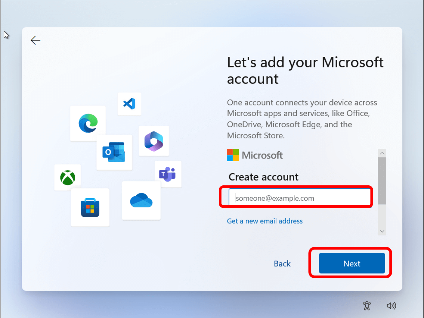 Create account screen with box where you input your email address highlighted in red and Next button highlighted in bottom right corner.