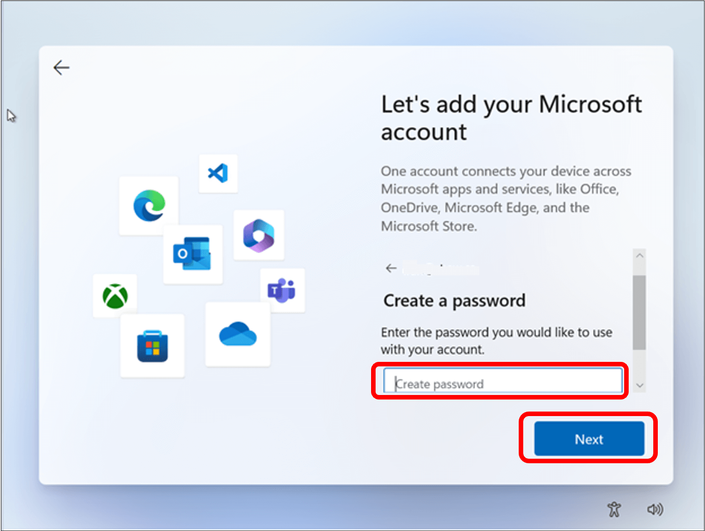 Create password box highlighted in red with Next in bottom right corner highlighted.