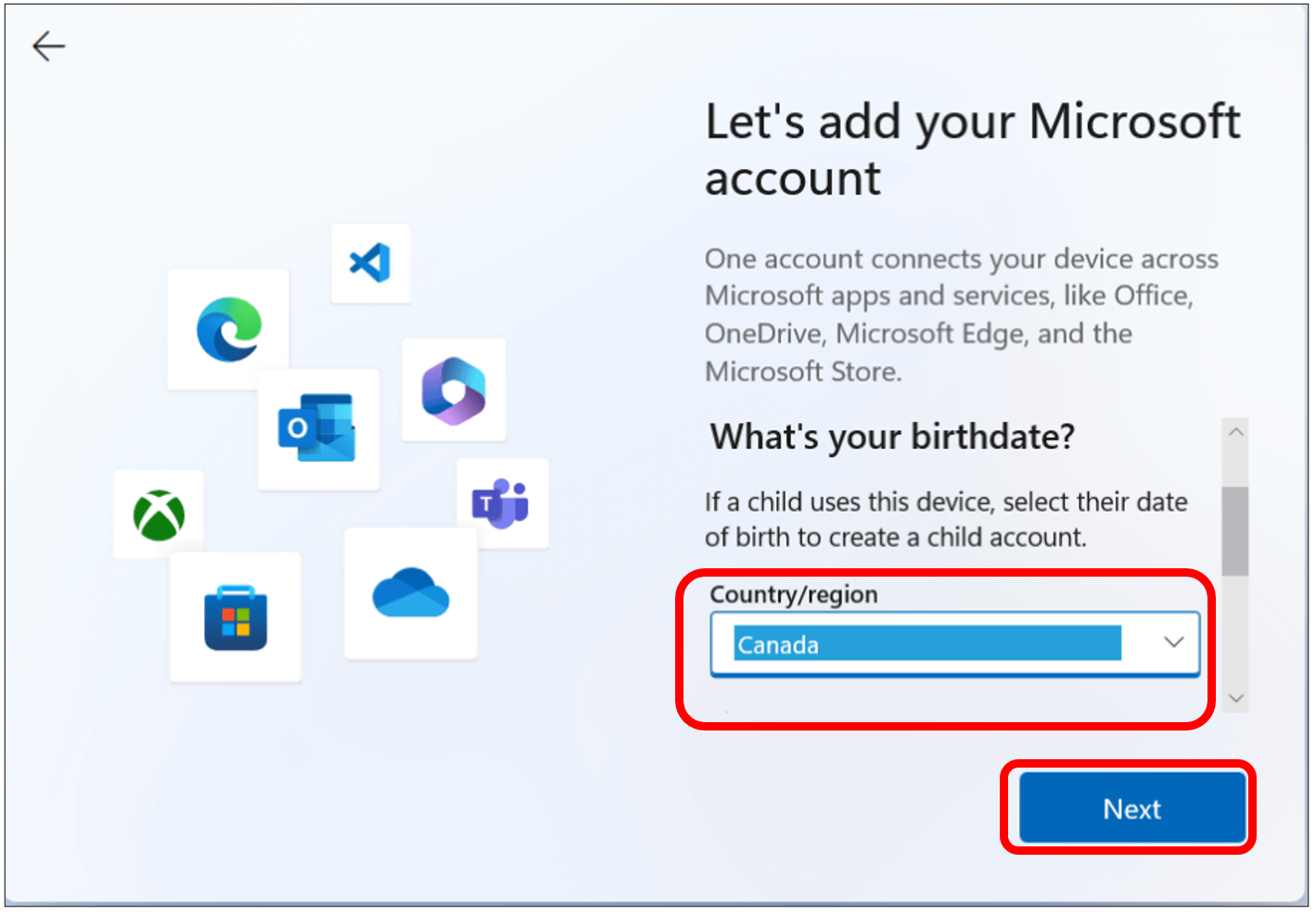 Personal information screen and Next button highlighted in bottom right corner to continue.