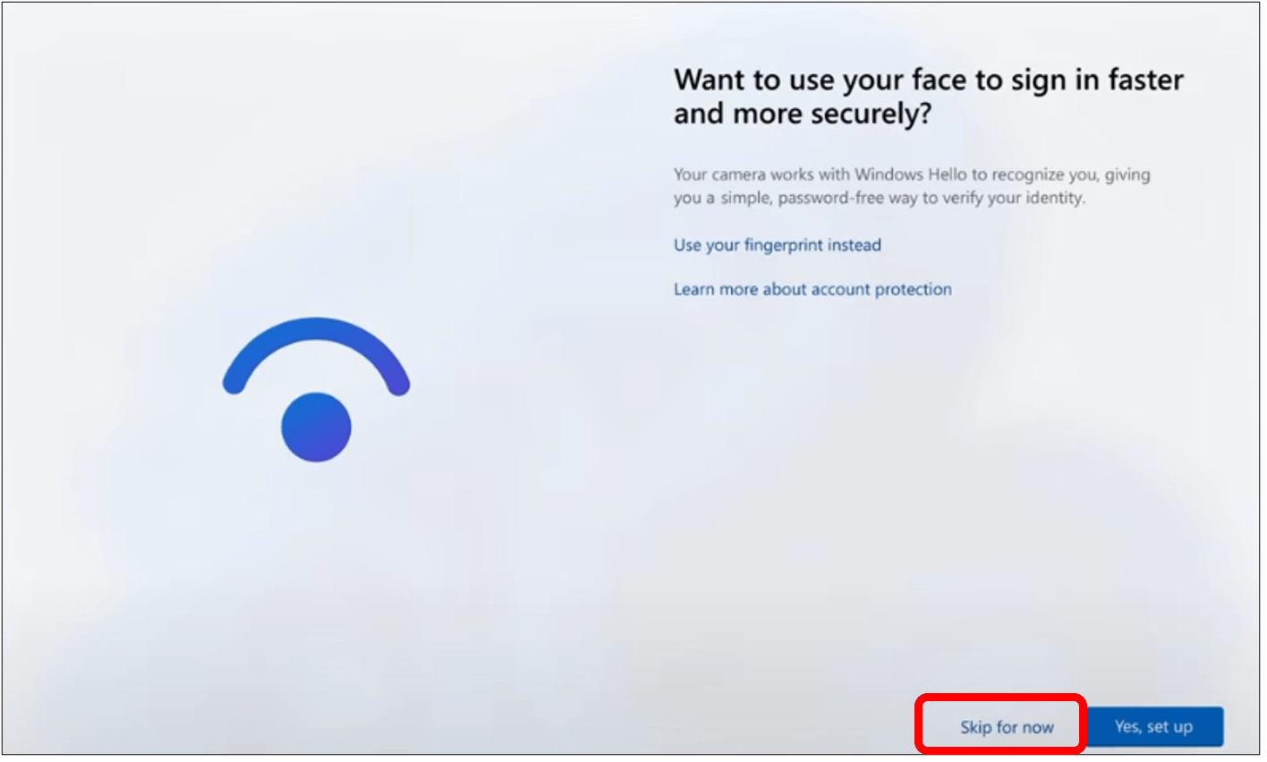 Face ID screen with Skip for now button highlighted in bottom right of screen.
