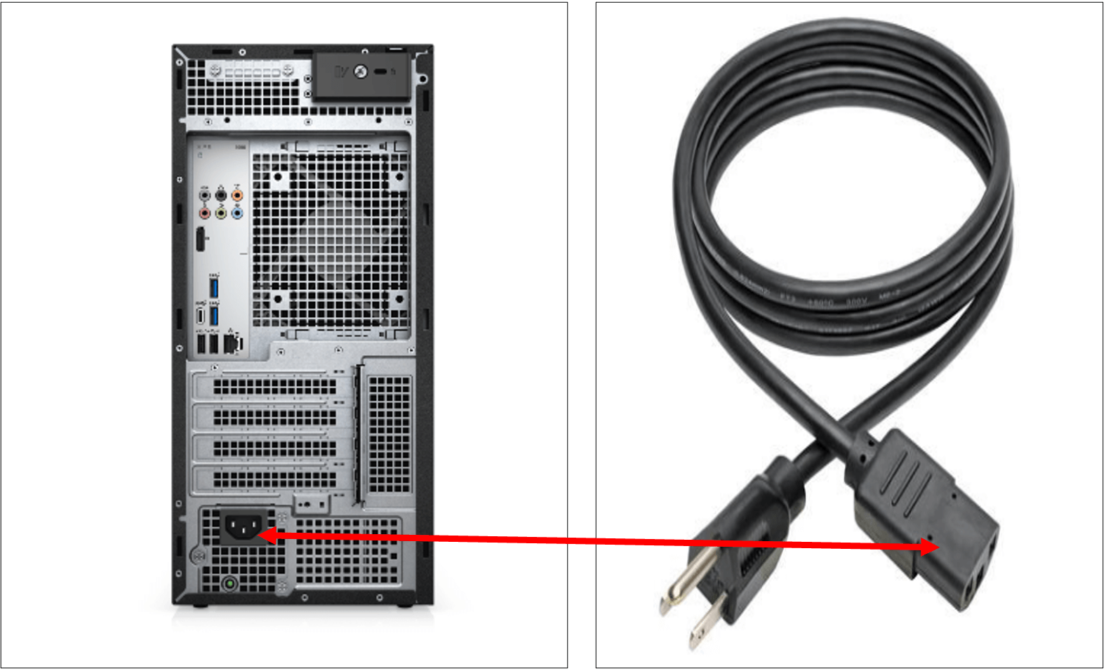 Back of computer tower highlighted where power cable plugs into.