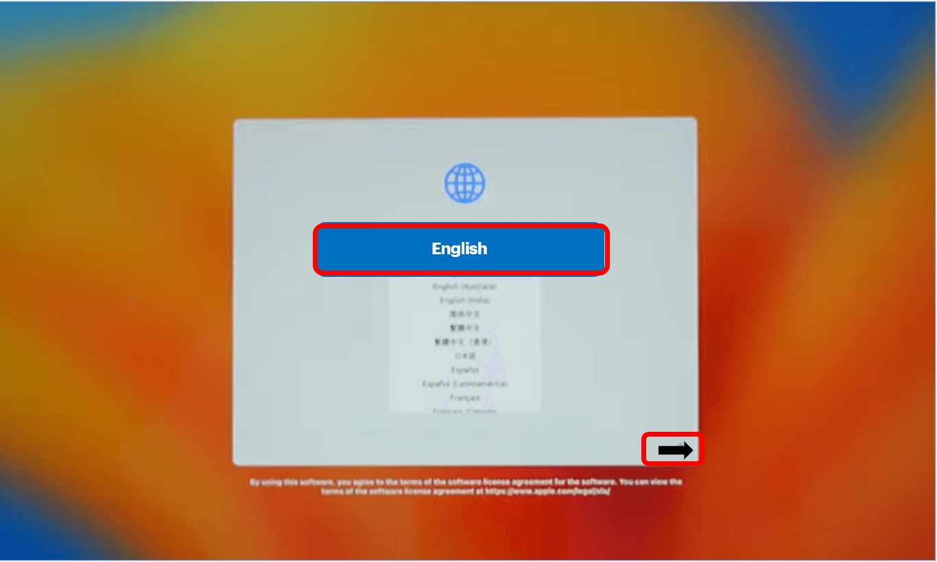 Language screen with English highlighted to show how to choose your language.