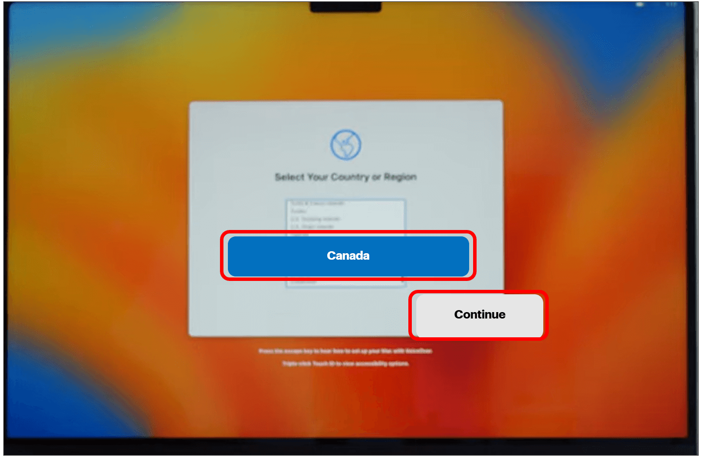 Country screen with Canada highlighted to show how to choose your Country or region.