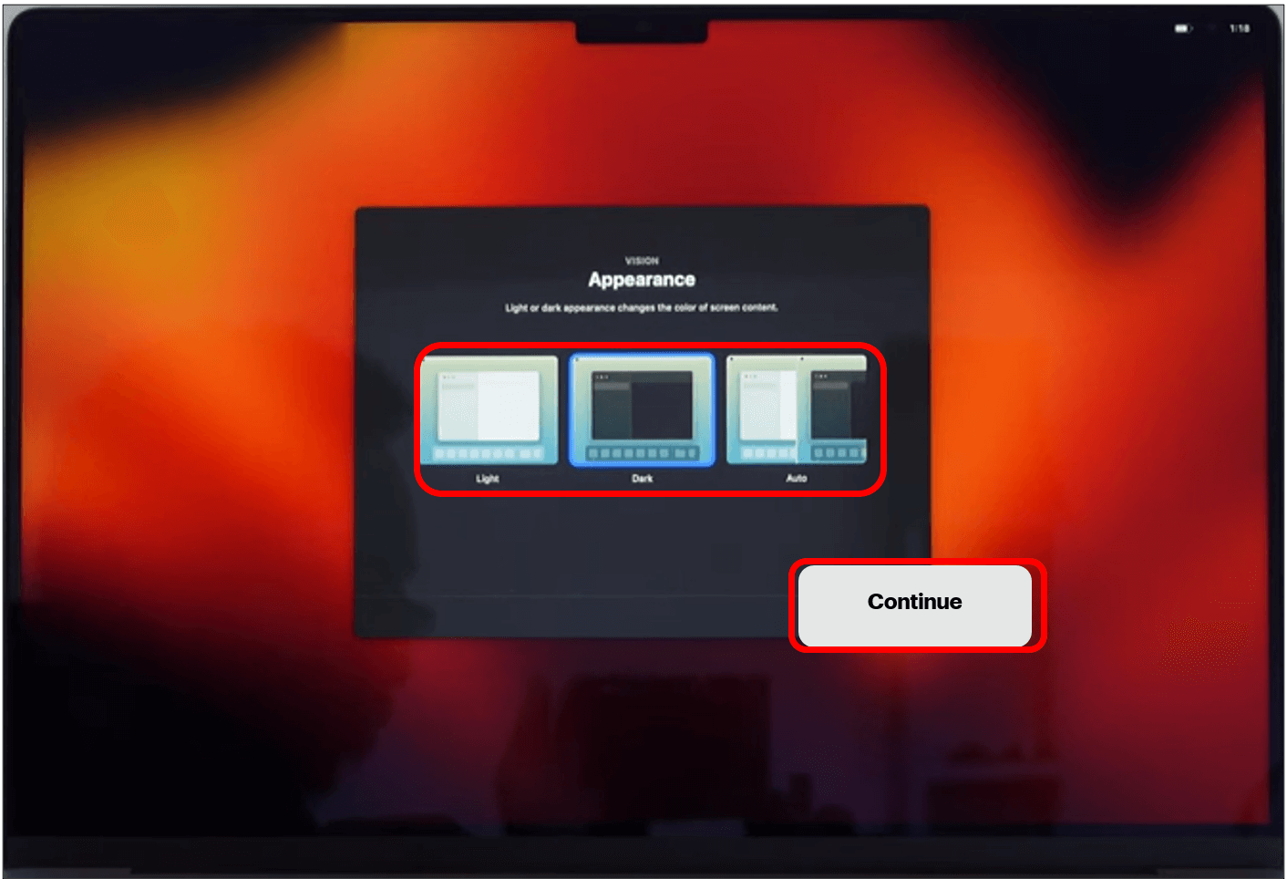 Vision appearance screen to show how to choose your desired screen appearance with Continue button highlighted in bottom right corner.