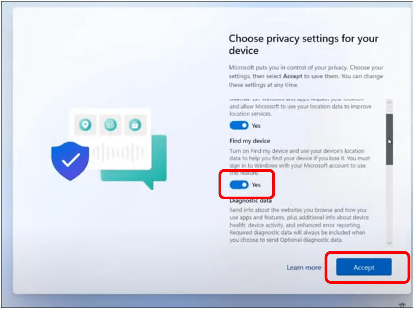 Privacy settings screen to show how to turn on Find my device and Accept button highlighted in bottom right corner.